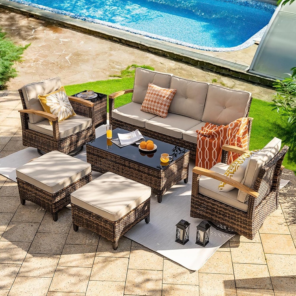 Outdoor Furniture Luxury - 7pc PE Wicker Patio Set,Swivel Rocker